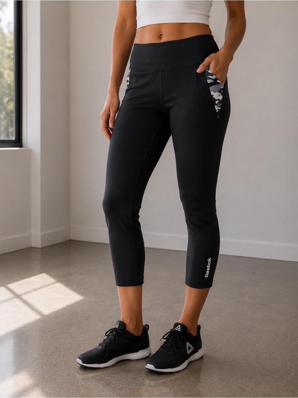Reebok Black Capri Leggings with Gray Camo Pocket Panels